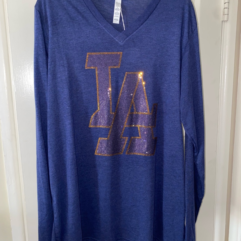 Purple Bling LA logo  V-Neck Long Sleeve Shirt